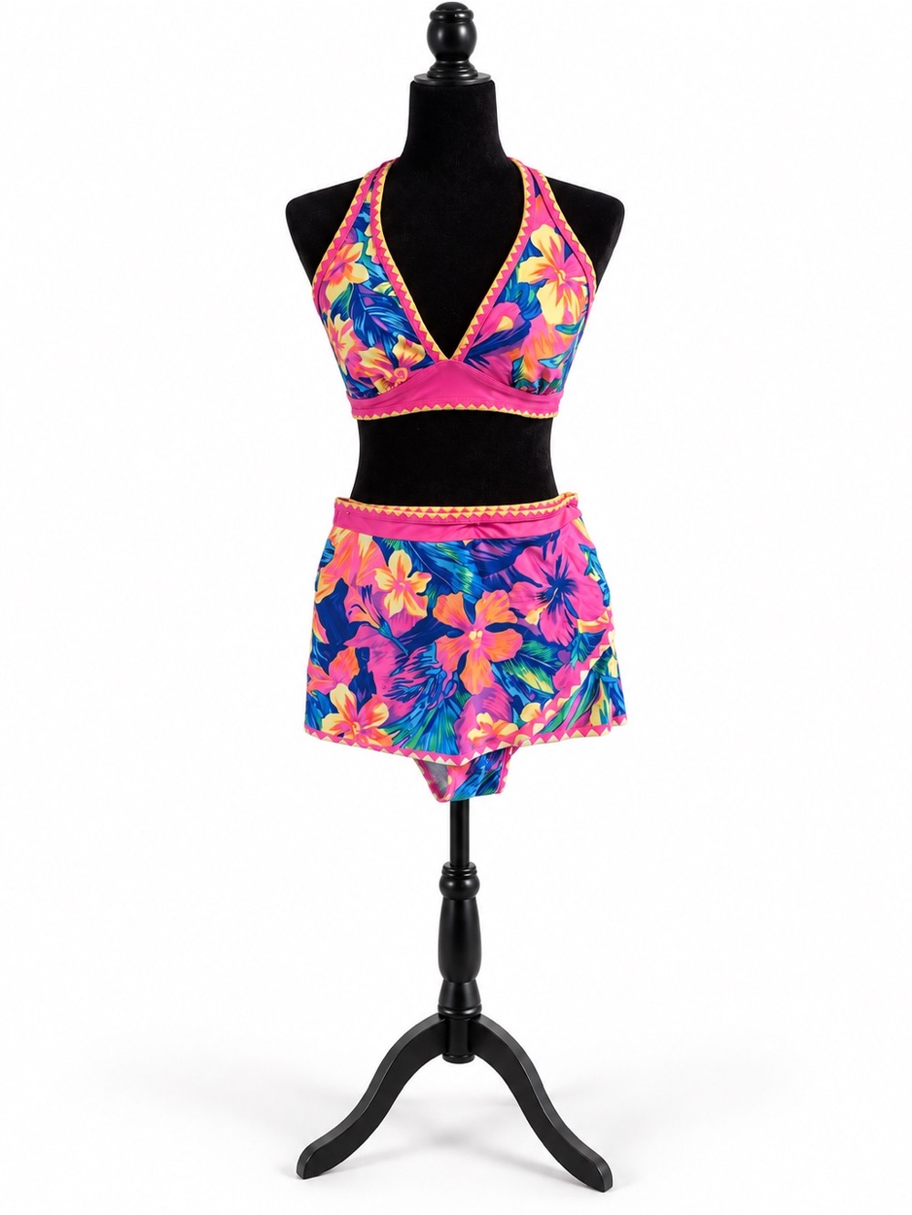 Floral Pink Tropical Bralette & Skirted Bottom Set